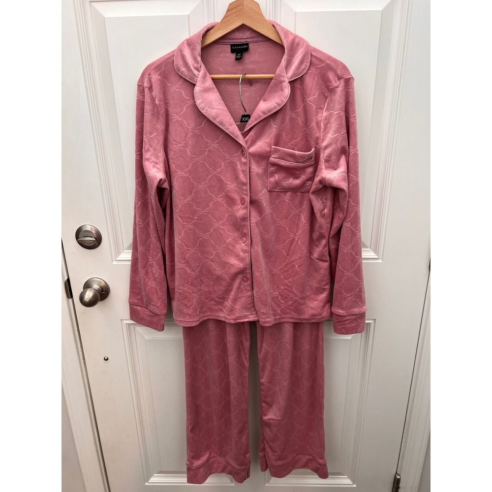 Tahari Pink Velour Pajama Set Embossed Bow Pattern Button Down Loungewear S